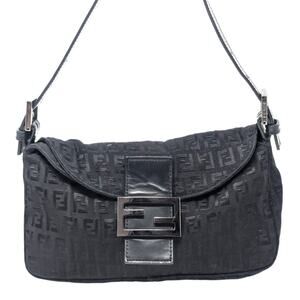 Fendi Black Zucchino FF Baguette Shoulder Bag